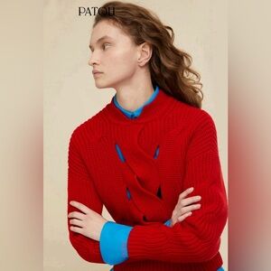 Patou Cableknit Openwork Sweater 100% Merino Wool Poppy Size Large Luxury Jumper